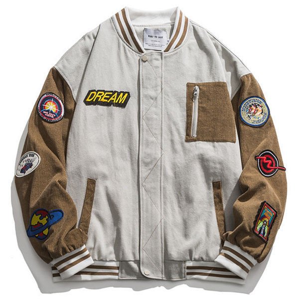 お急ぎください野球ジャケット ミリタリージャケット メンズ ミリタリーワッペン コーデュロイ コール天 ジャケット ジャンパー スポーツ 運動風 野球 配色切替え バレンタイン