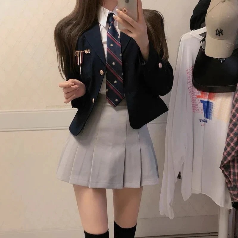 涼しく楽ちんセット2024作制服スーツ学院風制服ショート丈ブレザーシャツハイウエストプリーツスカート韓国ファッションアップレディース