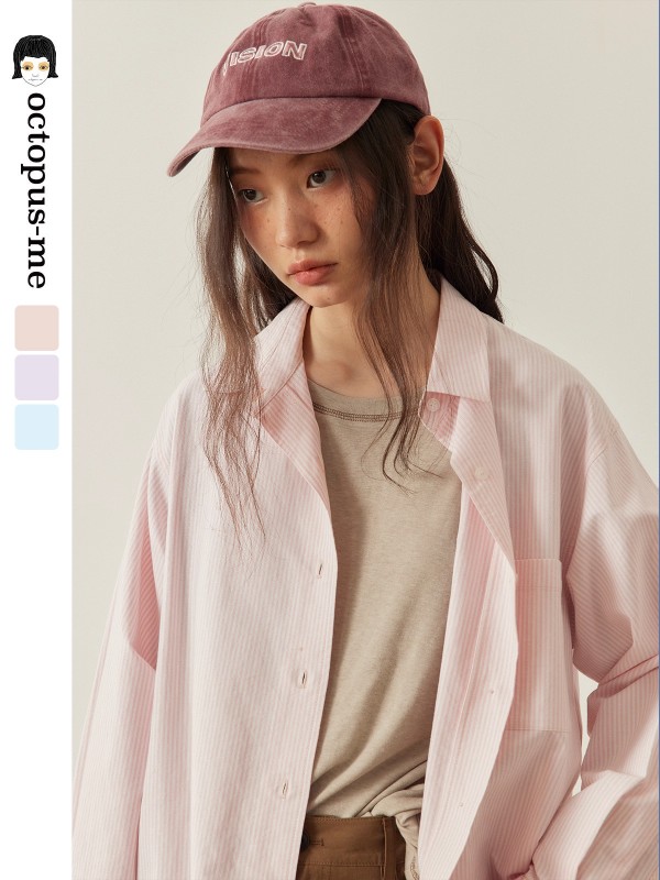 ゆったりとした万能な日焼け止め長袖シャツレディース夏用純綿ストライプシャツトップジャケット