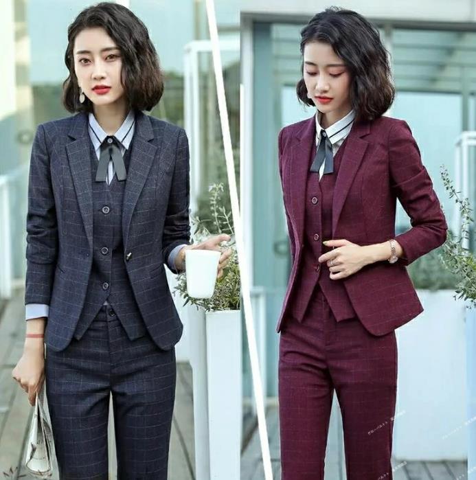 営业促进 チェック柄 ロングスーツ+長パンツ+ベスト+長袖シャツ+ネクタイ おしゃれ セレモニー 5点セット 着痩せ レディース 20代30代40代50代 春秋冬 卒業式