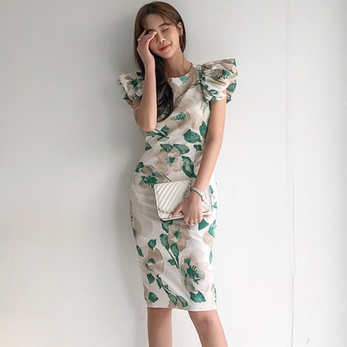 フラワープリント 蓮の葉スリーブ ミドル丈ドレス b400