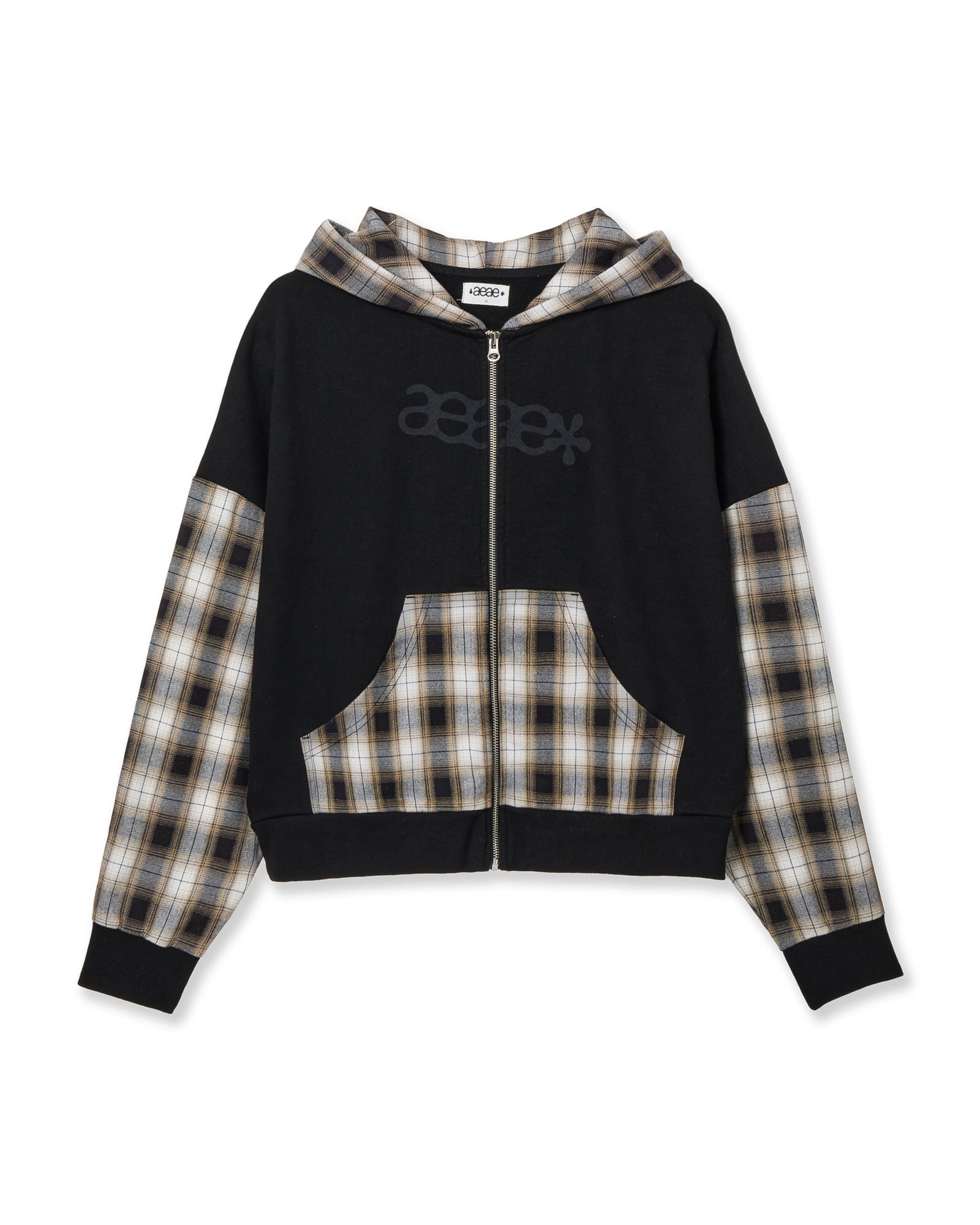 【aeae】 CHECK PATCHWORK HOOD ZIP-UP : BLACK