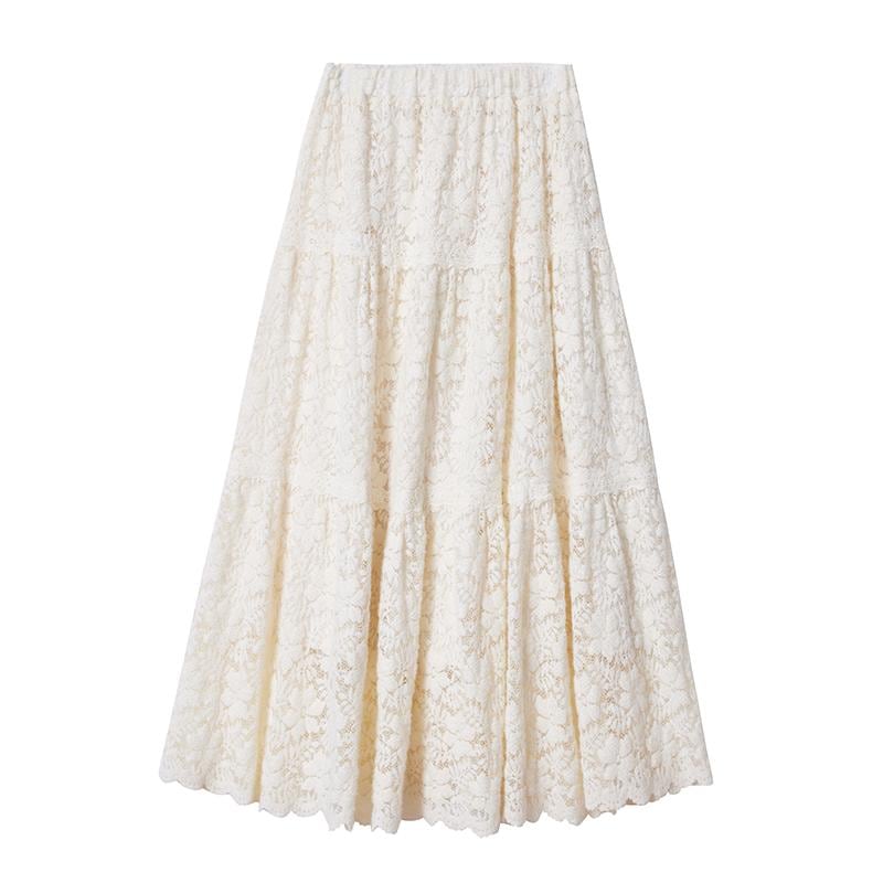 スカート ロング レディース レース 春秋 ハイウエスト Aライン 大きいサイズ カジュアル かわいい 多用途 花柄 白 紫