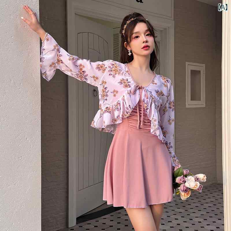 水着 レディース スイムウェア プール 温泉 夏 サマー ナイロン ピンク ブルー フリル カジュアル 長袖 スカート ワンピース 7,005円