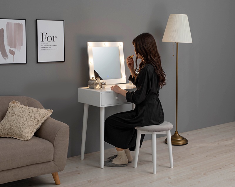 ドレッサー メイクデスク 化粧台 鏡台 かわいい 白 女優ライト ナチュラルモダン エレガント ホワイト コスメボックス led照明 スツール付き