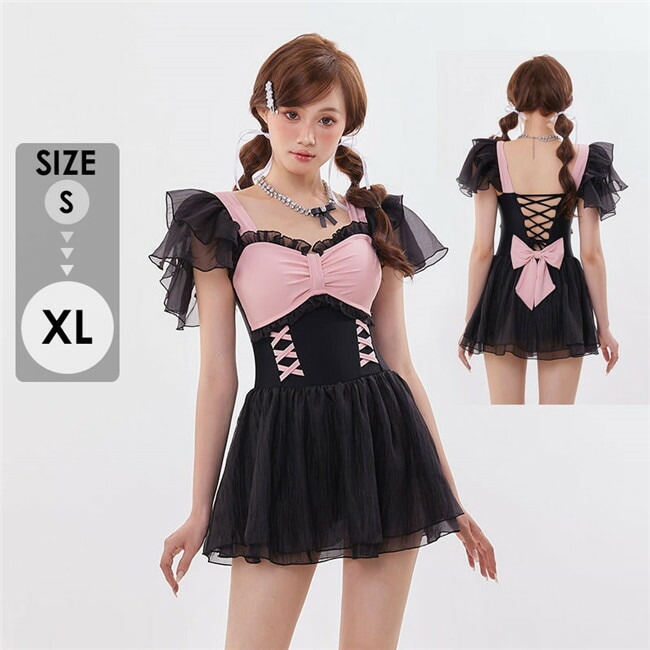 ワンピース水着 レディース ロリータ風 かわいい フリル リボン 水着 肩出し 着瘦せ 撮影 温泉 プール ビーチ ピンク ブラック S M L XL