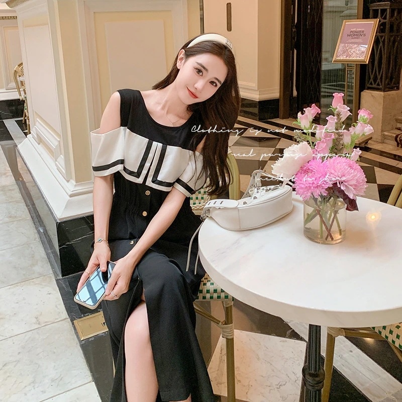 実際の黒いストラップレスフレンチドレス女性の夏の新しいシフォン韓国レトロ茶ブレーク薄い半袖ロングドレス