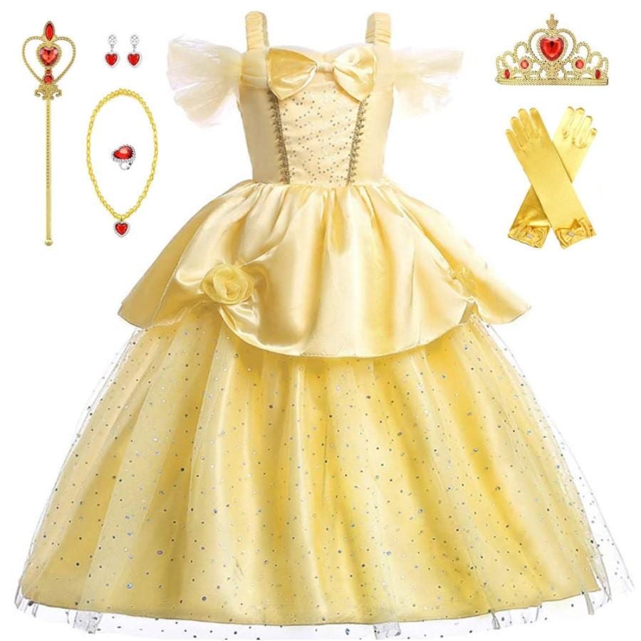 [即纳]新作先行発売ベル ドレス 子供 コスプレ 衣装 美女と野獣 豪華７点 セット ドレス 手袋 ティアラ ステッキ ネックレス イヤリング 指輪 100 110 120 130 140【短納期】