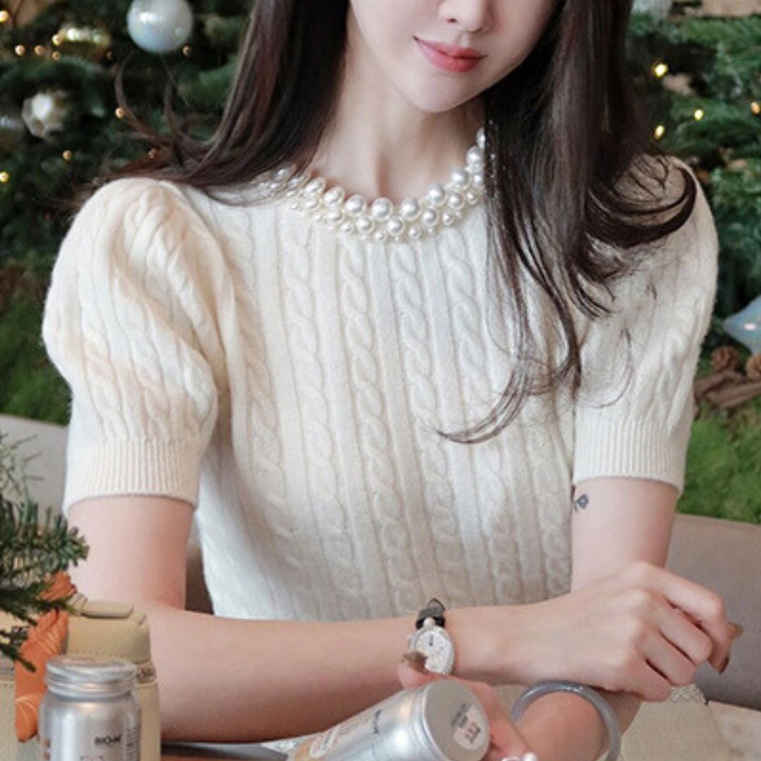パールビジュー ケーブルニット 白 上品 半袖ニット 韓国 レディース オルチャン トップス 半袖 パフスリーブ可愛い 個性的 大人 かっこいい きれいめ 高級感 高見え おしゃれ お洒落 9,910円