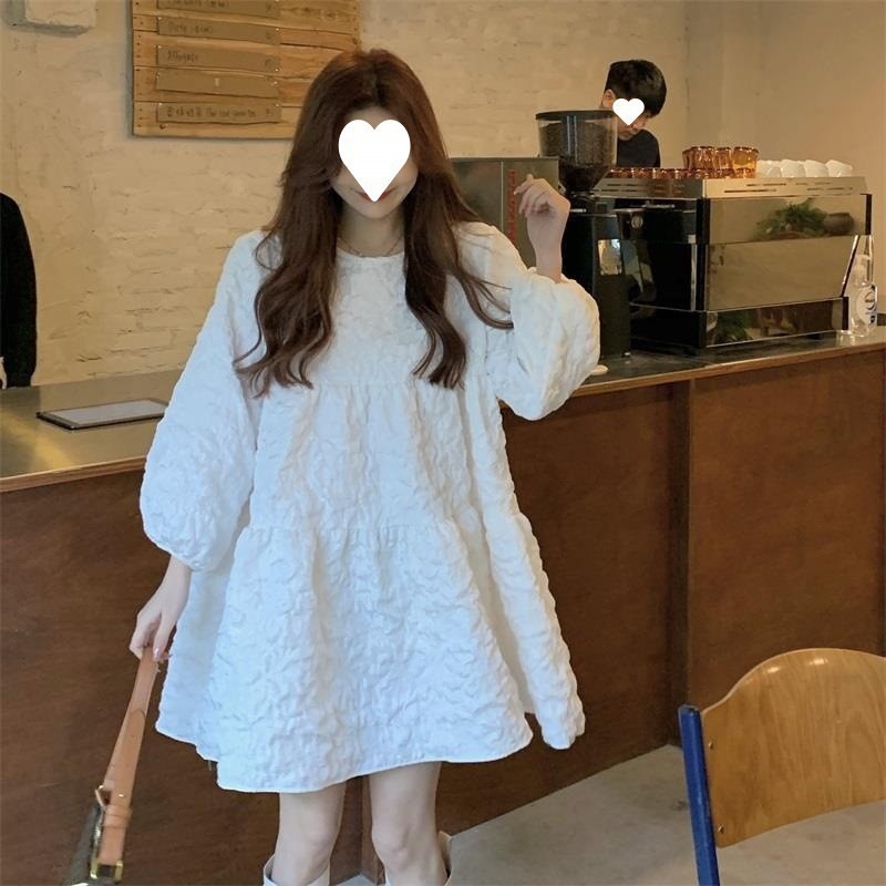 パフスリーブルーズワンピース ワンピース 長袖 膝丈 ラウンドネック Aライン ハイウエスト ルーズ 韓国 レディース 可愛い 大人可愛い 大人女子 シンプル きれいめ カジュアル 大人