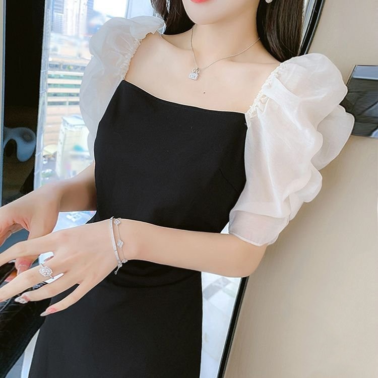 ワンピース 春 きれいめ 半袖 シースルー 透け感 切り替え スクエアネック バルーン袖 袖 母の日のプレゼント