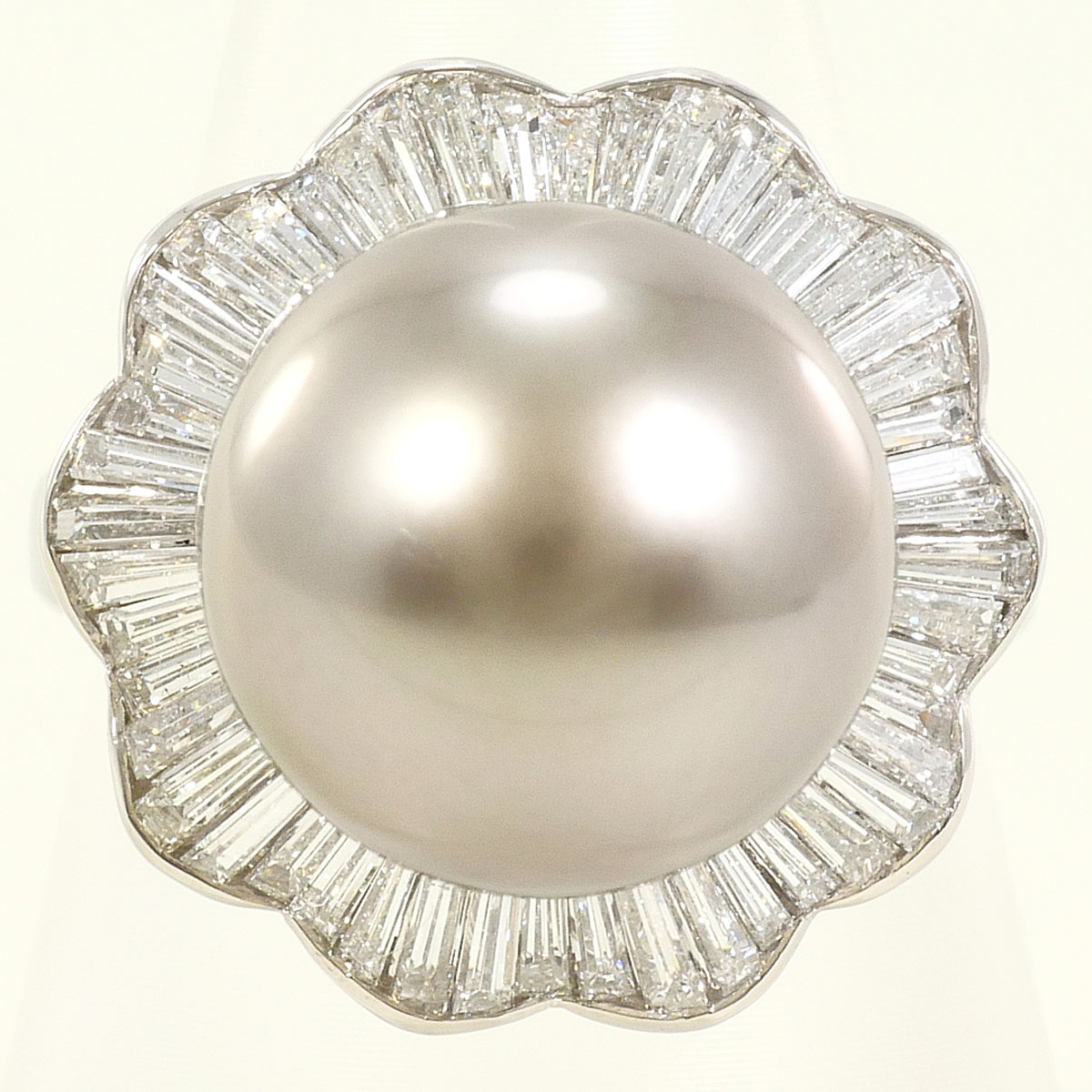 PT900 プラチナ リング・指輪 13号 黒蝶真珠 ダイヤモンド 1.2ct カード鑑別書 総重量約12.6g 中古