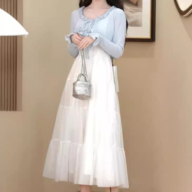 母の日のプレゼントワンピース2025新作初春スタイル優しい気質ロングサスペンダードレス長袖カーディガンツーピーススーツ小柄な人向け