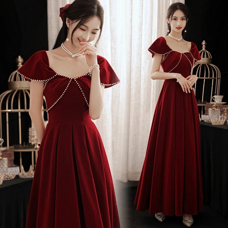 結婚式ドレス 二次会ドレス ワイン赤 パール オシャレ 成人式ドレス 同窓会 ベロア ベルベット お呼ばれドレス 謝恩会 誕生日 ロングドレス パーティードレス ゲストドレス ワインレッド 3タイプ