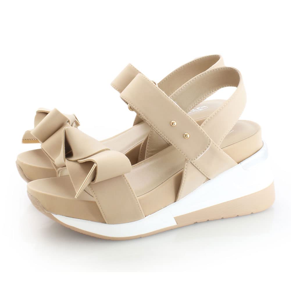 [ルームナイン] 厚底 ウェッジソール リボン スポーツサンダル レディース ストラップ 歩きやすい (kk-1084) ピンクベージュ Lサイズ