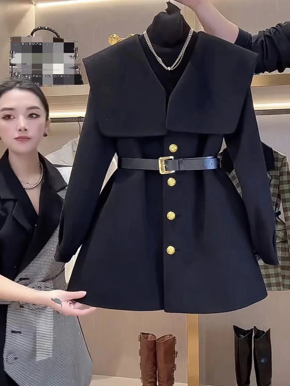 2024新作秋冬新しいレディーチェスターコート かわいいやさしいテーラード 着痩せブラックロングコート 秋冬アウター