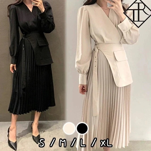 【急速出荷!】ワンピース レディース プリーツワンピース カジュアル 長袖 大きいサイズ ワンピ ロング丈 モード Vネック 切り替え シンプル お洒落 個性 ユニーク 被りが無い 大人女子 可愛い