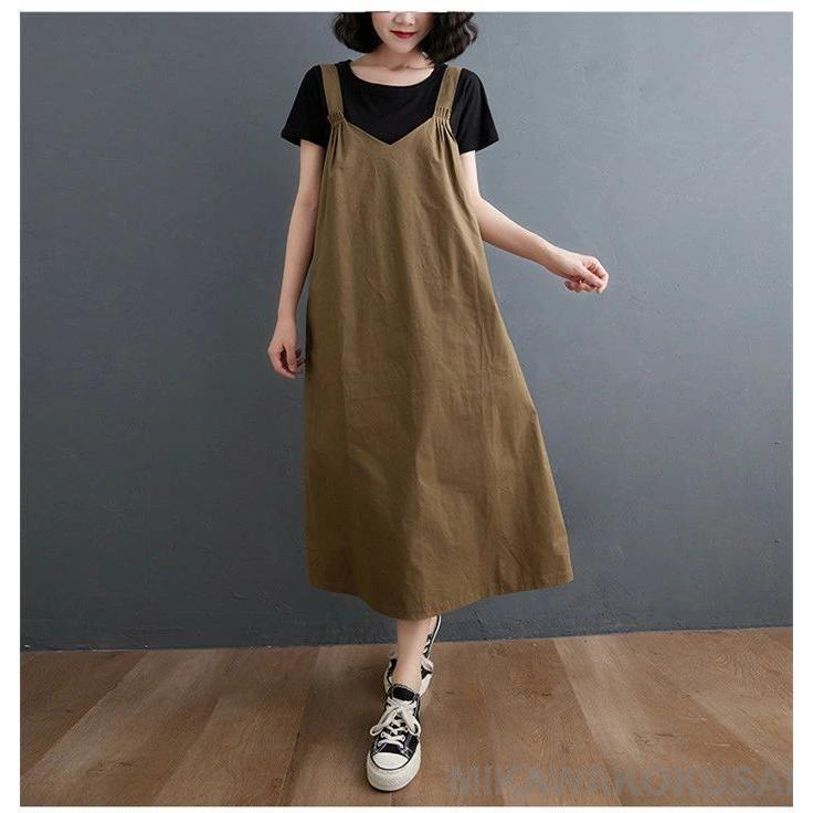 ジャンパースカート 夏 レディース ロングワンピース サロペットスカート ジャンスカ 大きいサイズ ポケット ナチュラル 無地 春夏秋冬 体型