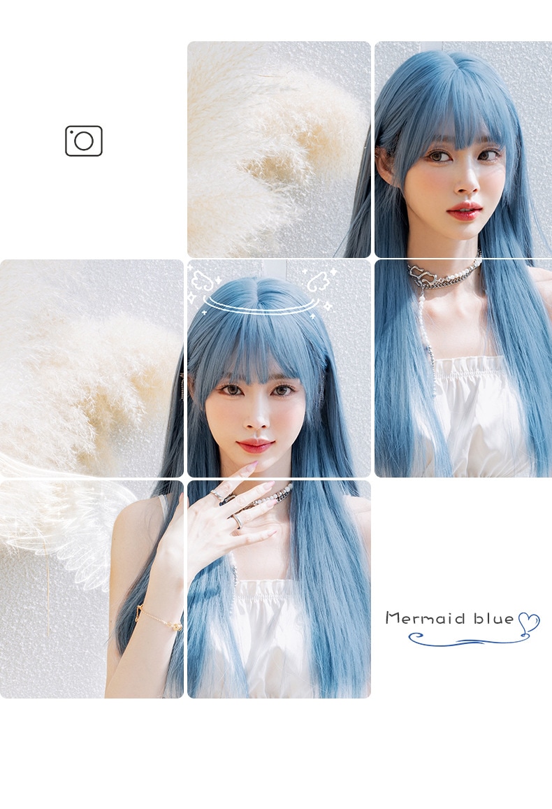 新作ウィッグ女性用ロングストレート人魚ブルー仮装風自然フルウィッグ高温耐熱ファイバー可愛い前髪付き全頭タイプ小顔効果韓国風人気カラー通気性快適初心者も安心着用簡単仮装コスプレイベント対応髪型変化6