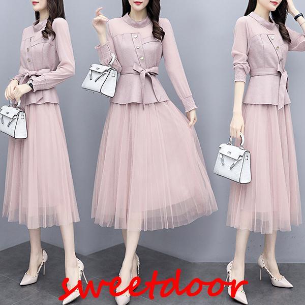 大流行のセットアップ レディース 秋 冬 40代 コーデ カジュアル 長袖 トップス チュニック ロングスカート チュール 大きいサイズ きれいめ おしゃれ 着痩せ 通勤 上品 4,916円