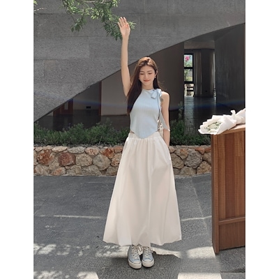 白いスカート女子中学校の長春夏のデザインセンスAラインスカートは薄いふわふわの傘のスカートを覆う