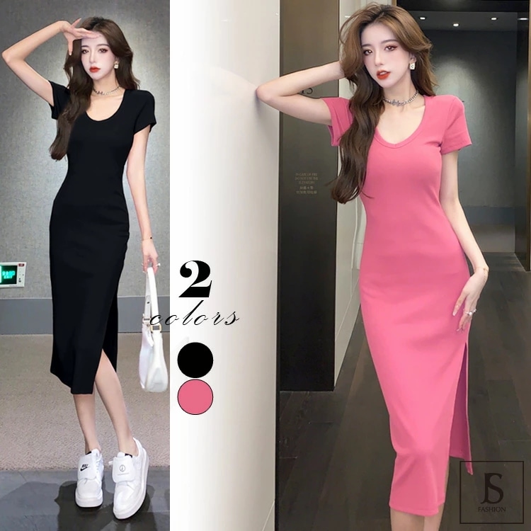 タイトワンピース 全2色 深いスリット入り シンプル Uネック 半袖 カットソーワンピース ロング丈 黒 無地 膝下丈 ひざ下 きれいめ スリム 細見え デイリー おしゃれ セクシー かっこいい 大人 4,536円
