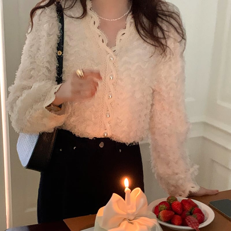 レディース カーディガン レース フリル パール 長袖 ホワイト クラシック 大人 大人女子