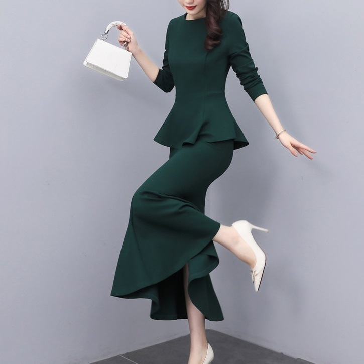 ツーピース フィッシュテールスカート ミディスカート プルオーバー Aラインスカート ラウンドネック 無地 上品 ペプラム フレア エレガント フォーマル パーティ ホテル 結婚式 式場 女子会