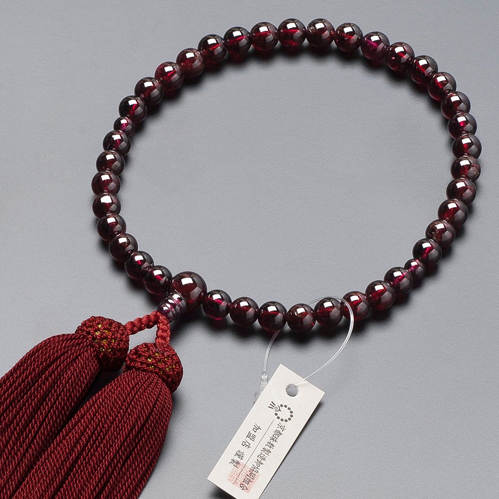 [仏壇屋 滝田商店] 京念珠 数珠 女性用 ガーネット 7mm玉 正絹頭付房 数珠袋付き すべての宗派で使える女物念珠 証明書付