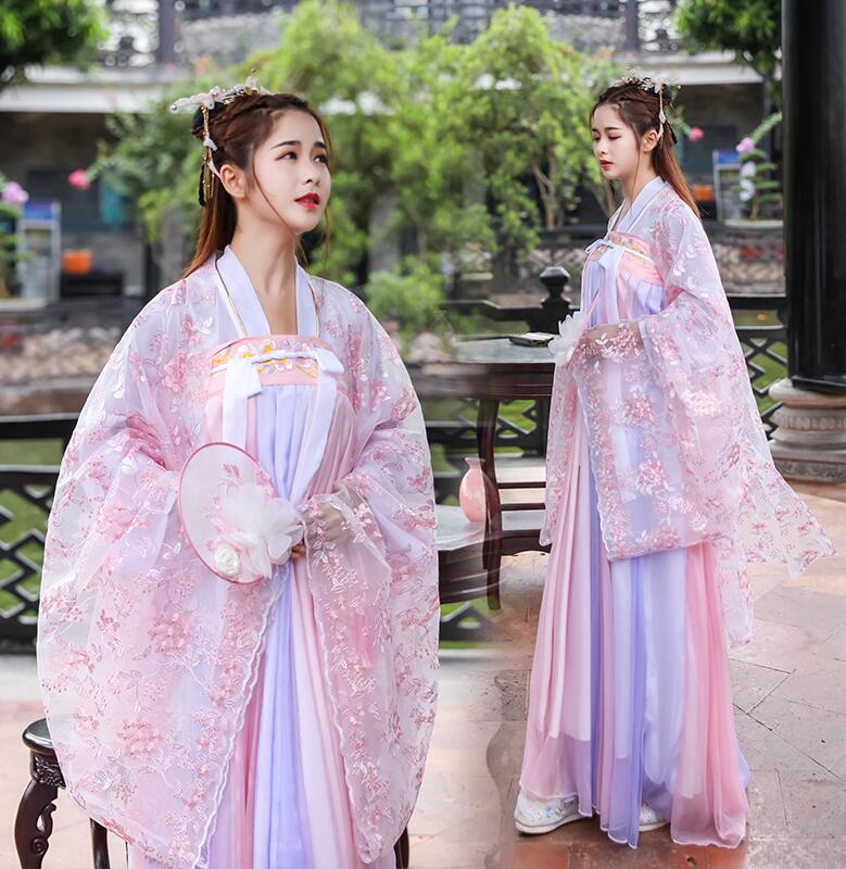 可愛い漢服＆唐装　振袖チャイナ服　ピンク系　刺しゅう中華服　ロング　豪華チャイナドレス　華流コスプレ舞台衣装　華やか華服　中国風仮装変装　大人　レディースコスチューム　コスプレ衣装