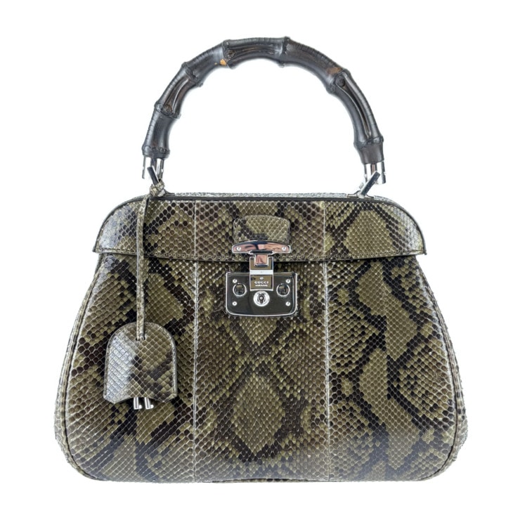 美品 GUCCI グッチ ハンドバッグ バンブー レディロック 331830 グリーン系 シルバー金具 パイソン レディース トップハンドル 手提げかばん【本物保証】