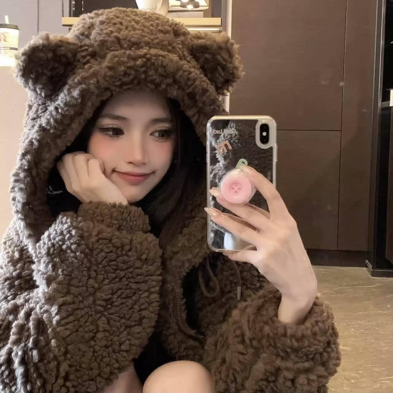 耳付きもこもこアウター くま くま耳 フード付き もこもこアウター モコモコ もこもこ アウター パーカー くまみみ 可愛い コート 茶 ブラウン 韓国 オルチャン レディース 羽織 テディベア風