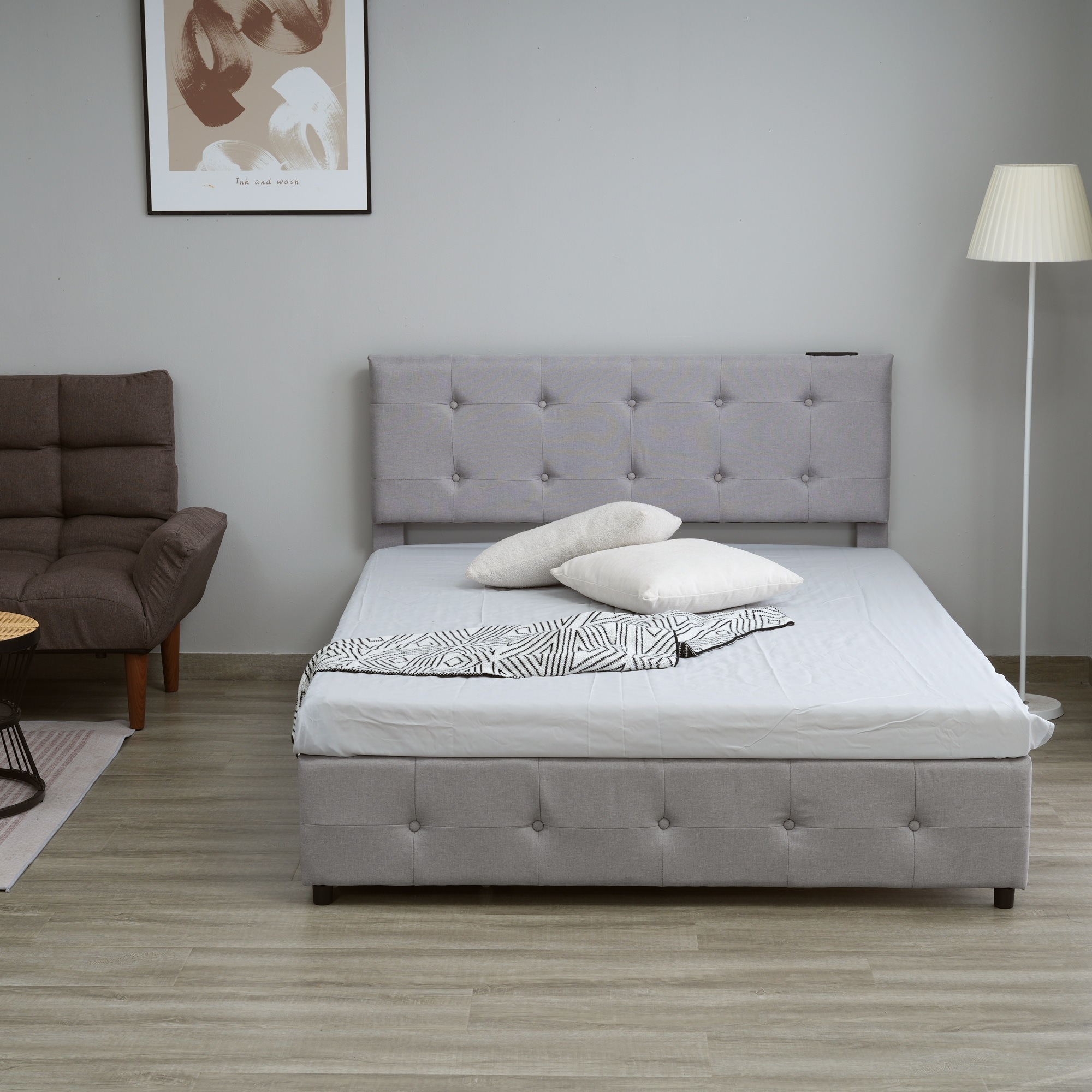 ファブリックベッド ベッドフレームのみ ダブル 引き出し付き 布貼りベッド 木製 アイアン 大人用 組立簡単 下収納 すのこベッド 耐震 ベッド 北欧風 おしゃれ マットレスは別売り ライトグレー