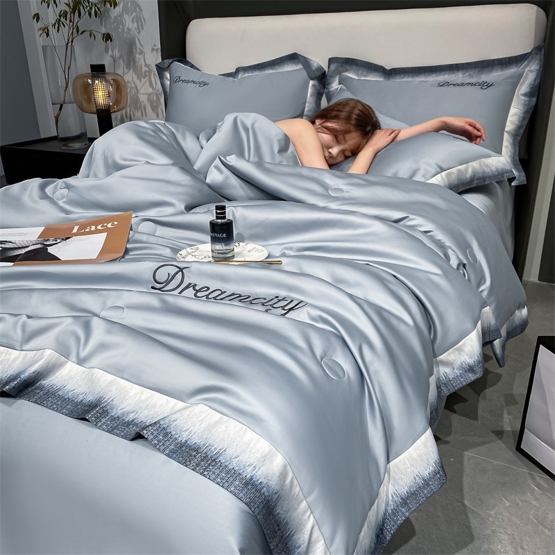 洗いシルク刺繍サマーキルト4点セット涼感シルクエアコンキルト夏涼しいキルト洗濯機で洗えるシングル＆ダブルキルト 5,364円