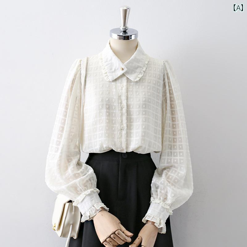レディース シャツ ブラウス ジャガード織 トップス 長袖 春秋 オフホワイト フリル 透け感 おしゃれ かわいい エレガント ピンタックのポロ襟 上品 パフスリーブ クラシック