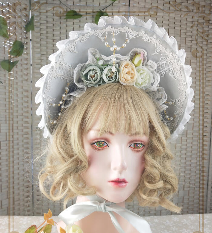 【急速出荷】ロリィタ ボンネット 帽子 ヘッドドレス ヘアアクセサリー 髪飾り シルバーグレー 花柄 造花 ハンドメイド ロリータ クラシカル エレガント コスプレ フラワー 薔薇 お花 クラロリ 甘