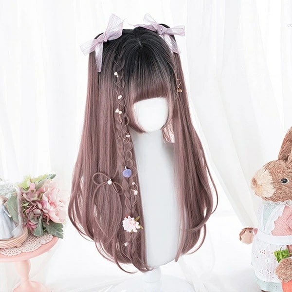 ウィッグ lolita ピンク グラデーション メッシュ ロリータ風 原宿風 かつら おしゃれ ぱっつん前髪 レディース コスプレ 可愛い ロング 耐熱 コスチューム ミックス 仮装 大人 自然 ナチ