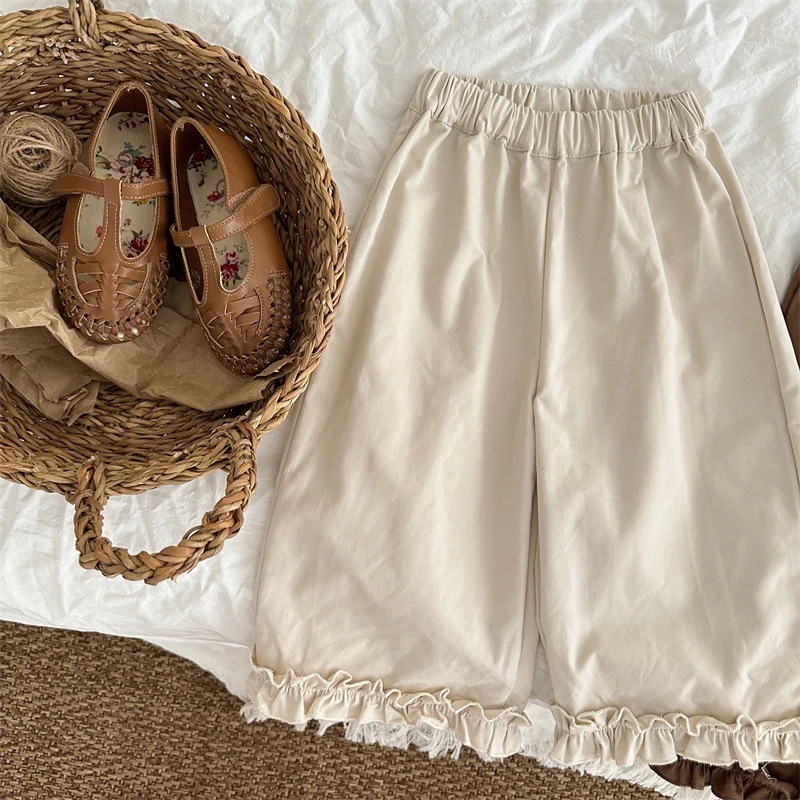 秋の新作子供用無地ストレートパンツ 女の子用甘めレースパンツ