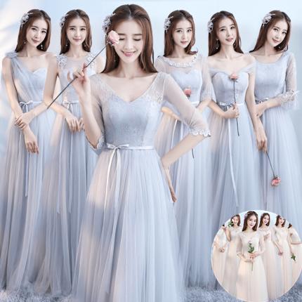 グレー/シャンパン　6タイプ　レース　ブライズメイド　ドレス パーティードレス　ロングドレス　フォーマルドレス　ロング丈　ワンピース二次会演出司会 結婚式お呼ばれ　マキシ丈