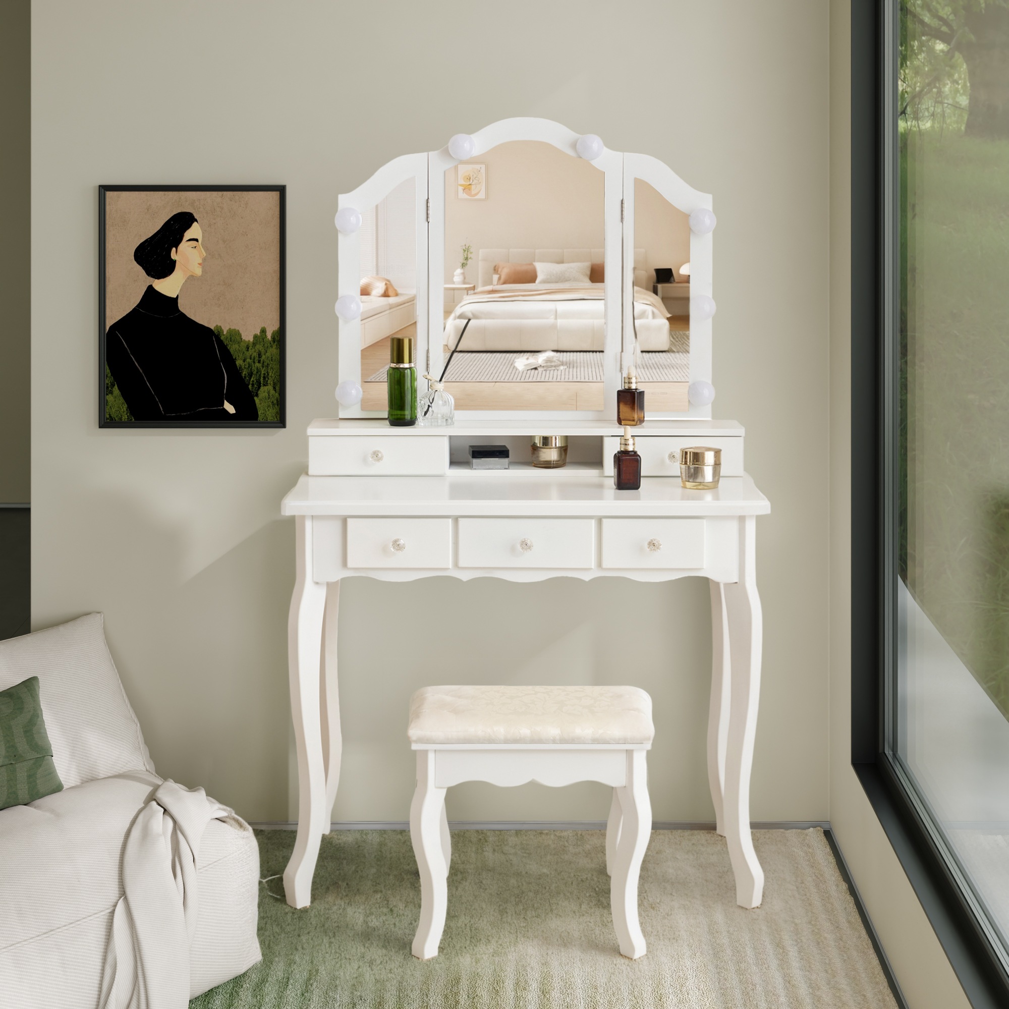 【現地発送.送.料.無.料！】ドレッサー 化粧台 テーブル 鏡台 ライト付き 3色LED 女優ミラー 引き出し 収納 椅子 セット サイド収納 メイク台 シンプル 大容量 可愛い252