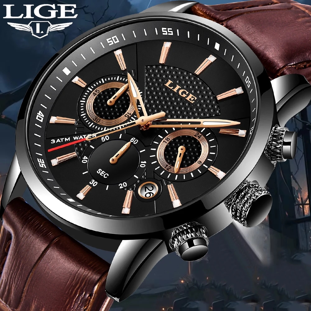 Lige-男性用高級レザークォーツ時計,ボックス付き,防水腕時計,スポーツ,ビジネス,男性,時計,新しいファッション
