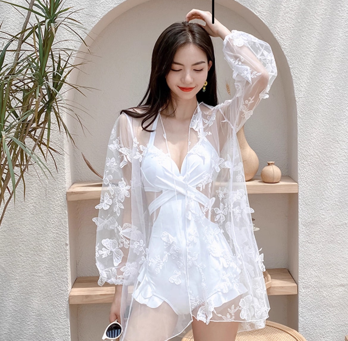 レディース スイムウエア レース 水着 フリル スカート ブラウス 長袖 Vネック プルオーバー 伸縮性 可愛い かわいい 大人可愛い シンプル カジュアル 大人 おしゃれ お洒落 大人女子