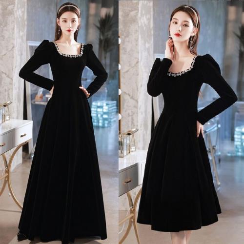 底値価格ブラックドレス ワンピース 黒 ロング マキシ 結婚式 フォーマル フレア aライン 落ち着いた 清楚 演奏会 発表会 レディース パーティードレス イブニングドレス 韓国 秋 冬 長袖 ロン 6,946円