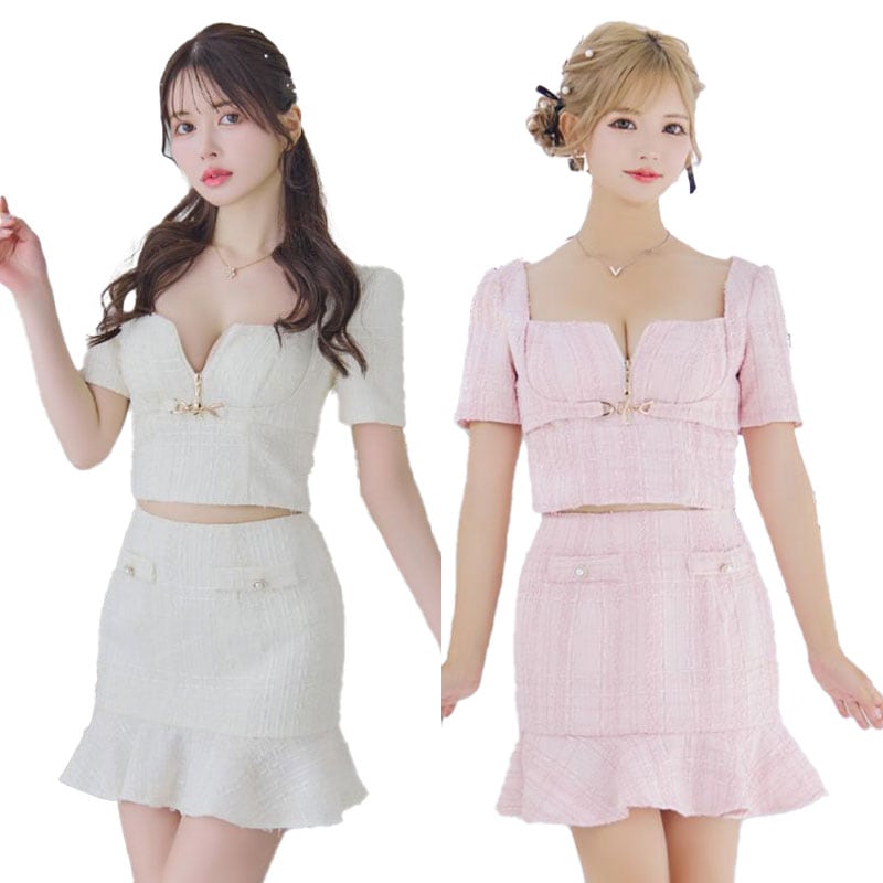 【SMLサイズ/2カラー】ツイード セットアップ ジップ 袖あり 背中隠し マーメイド 谷間魅せ パールボタン ミニドレス キャバドレス [1327]