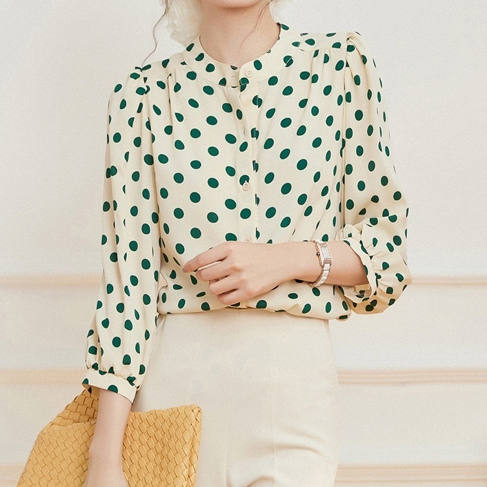 【大人気】 エレガント通勤ドット柄ラウンドネックシャツ