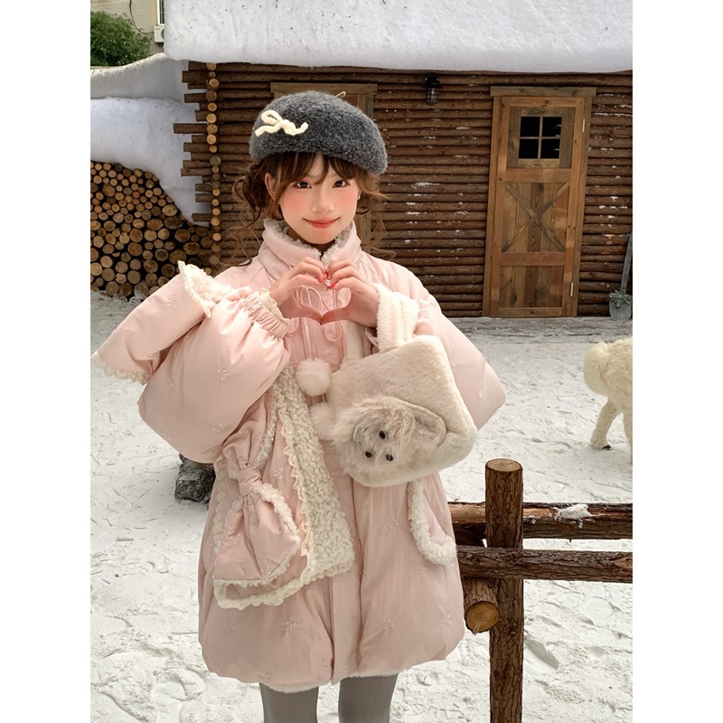 【オリジナル職人技】キュートで甘いスタイルの刺繍リボンピンクダウンジャケットレディース冬増厚ジャケット