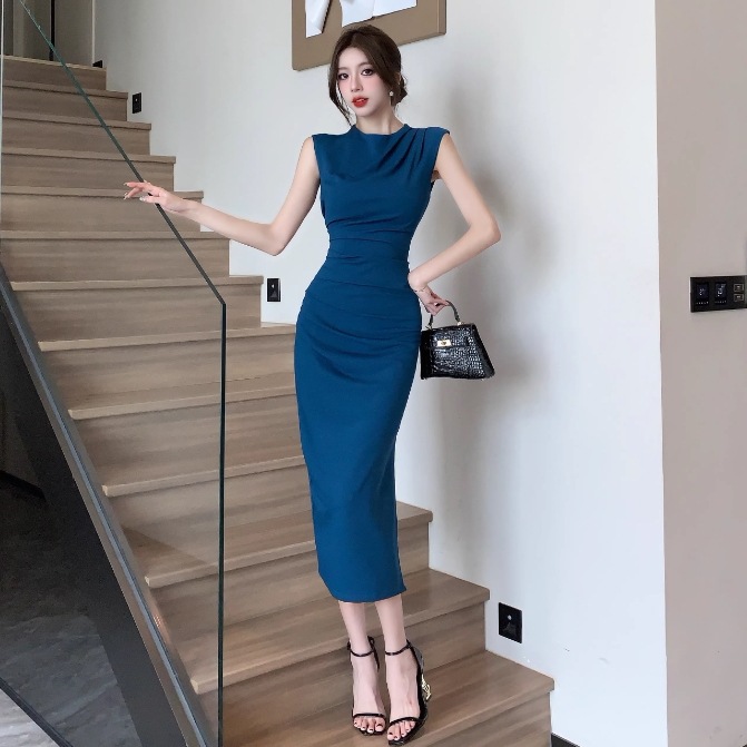 ドレス ドレスワンピース パーティー 結婚式 二次会 披露宴 フォーマル キャバ ラウンジ クラブ ミモレ丈 袖なし ノースリーブ ラウンドネック 襟なし マーメイド イブニング ファスナー