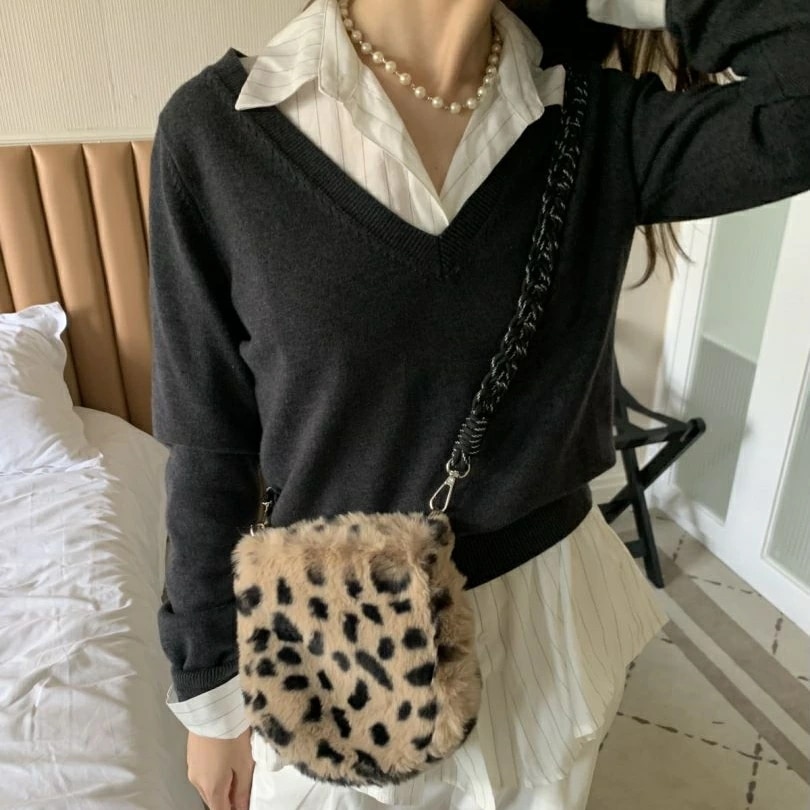 ファーショルダーバッグ ミニ ヒョウ柄 (T)