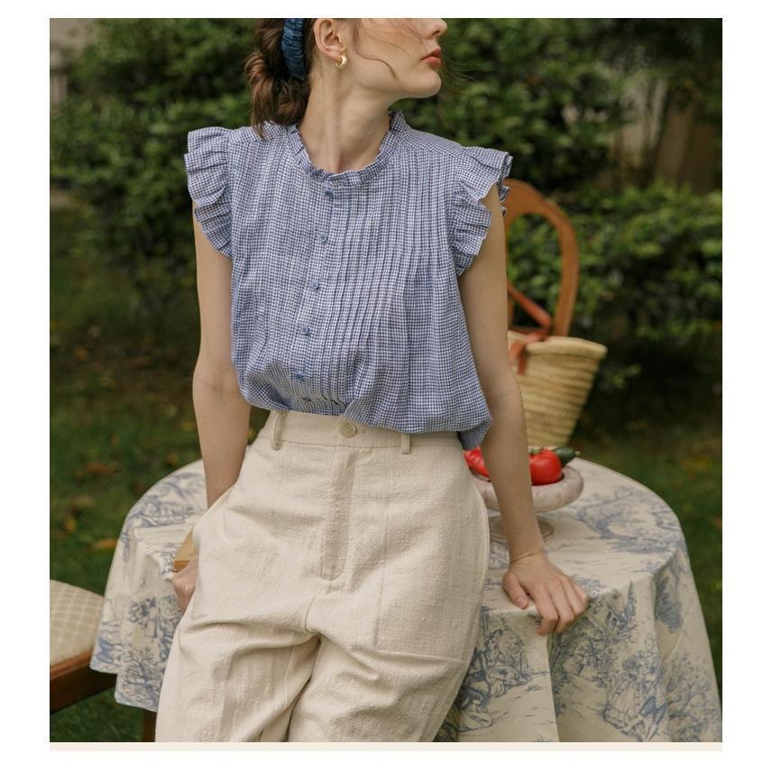 ブラウス レディース ノースリーブ シャツブラウス 春 夏 秋 トップス 肩フリル フリル袖 白シャツ 袖なし シャツ 前開き インナー ボタン タンクトップ お洒落