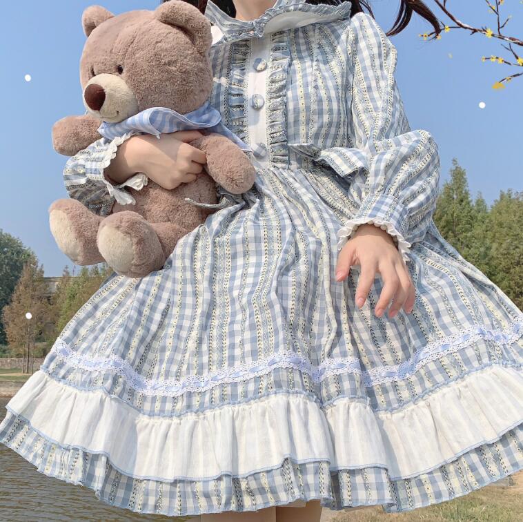 甘いロリータ服 甘ロリ ロリータワンピース 長袖ワンピース 可愛いロリータ服 チェック柄 プリンセスライン 大人コスチューム ゴスロリ コスプレ衣装 文化祭 学園祭 ハロウィン衣装 パーティードレス